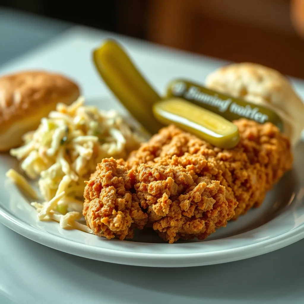 Fried chicken dinner plate with coleslaw, a biscuit, and a dill pickle spear Fried chicken dinner