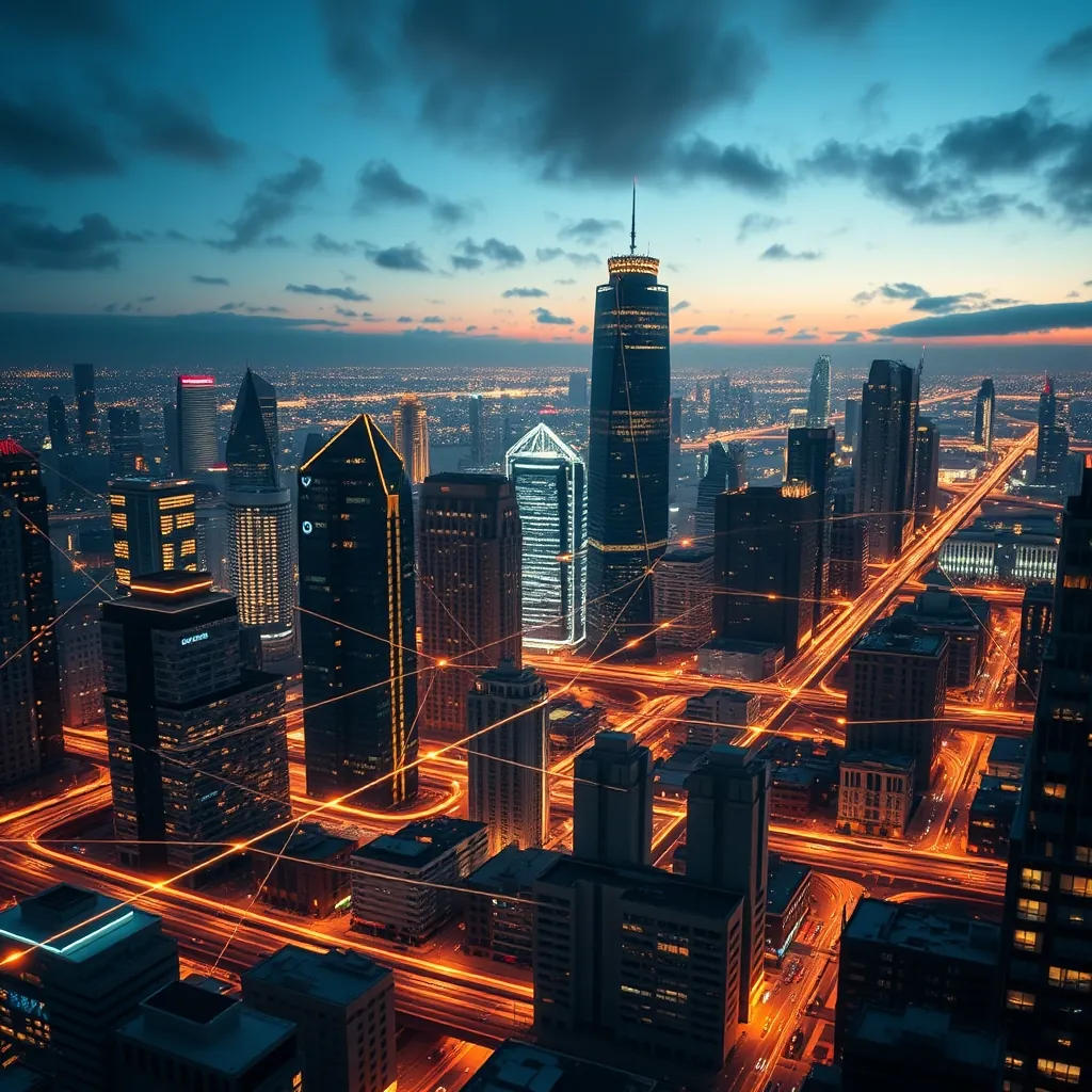 Futuristic city skyline with glowing network lines connecting buildings, representing the evolution of distributed testing architectures with serverless compute nodes and AI-driven test partitioning Futuristic city skyline