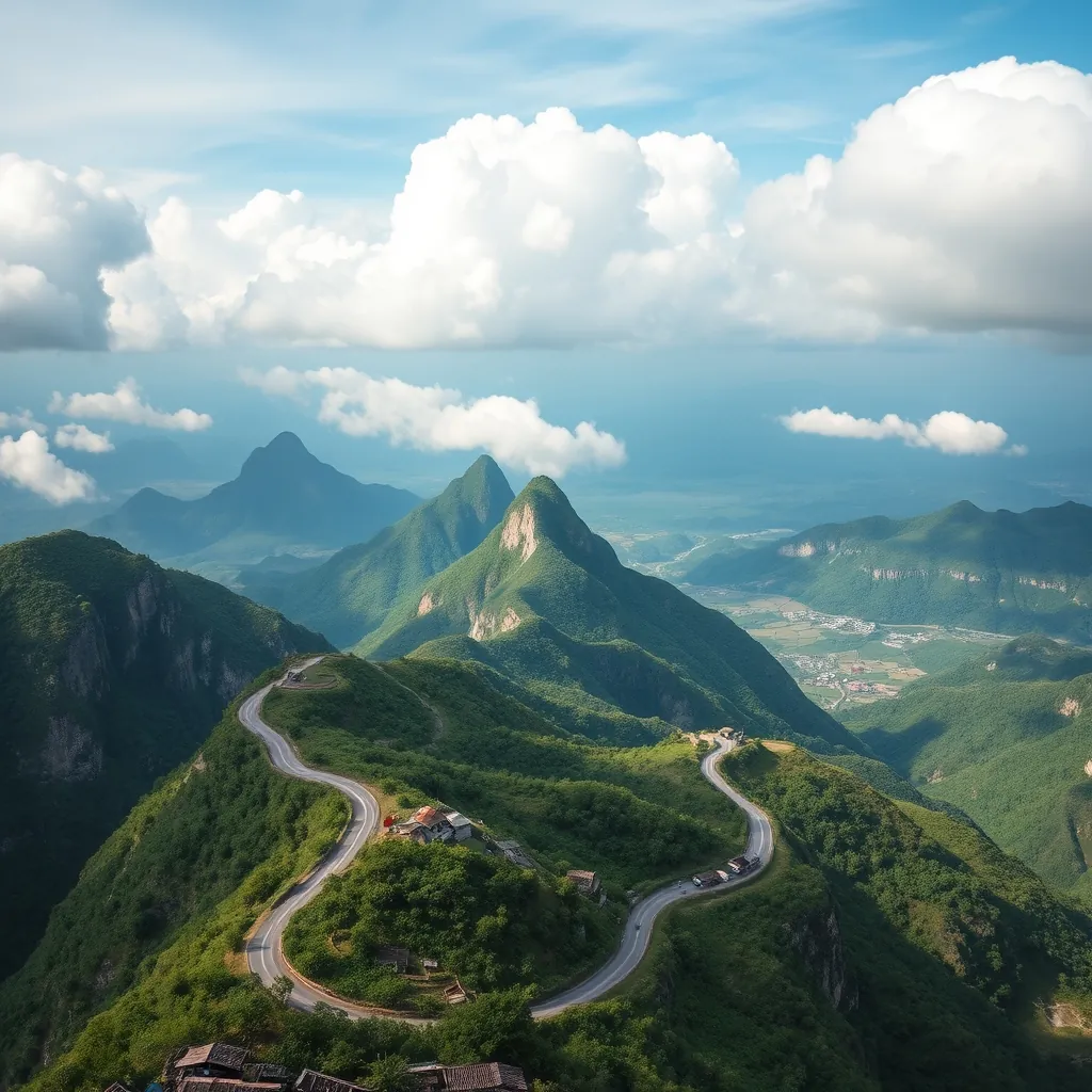 Panoramic view from Quan Ba Heaven Gate mountain pass in Ha Giang, the iconic Twin Mountains landmark with its perfect dome-shaped peaks rising from green valleys below, winding mountain road cutting through the karst landscape, scattered Hmong villages and patchwork rice fields stretching toward the horizon, dramatic clouds rolling over the surrounding peaks Giang iconic twin