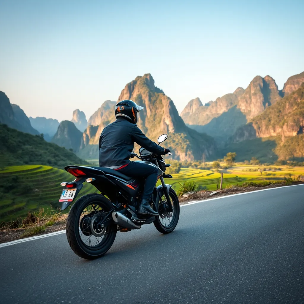 Motorbike rider on Ha Giang Loop road with limestone karst mountains in background and green rice terraces below Giang loop road