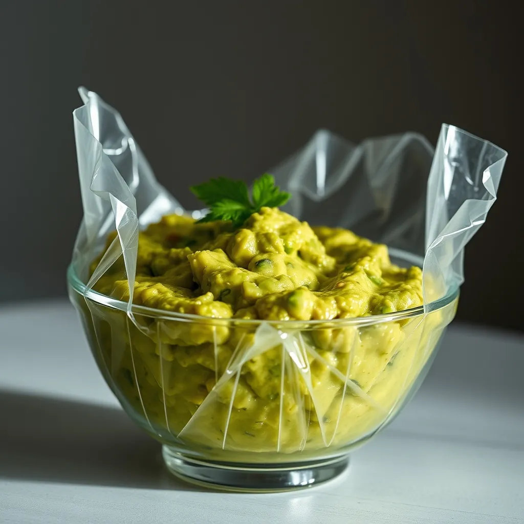Glass bowl of guacamole with plastic wrap pressed directly onto the surface to prevent browning Glass bowl guacamole