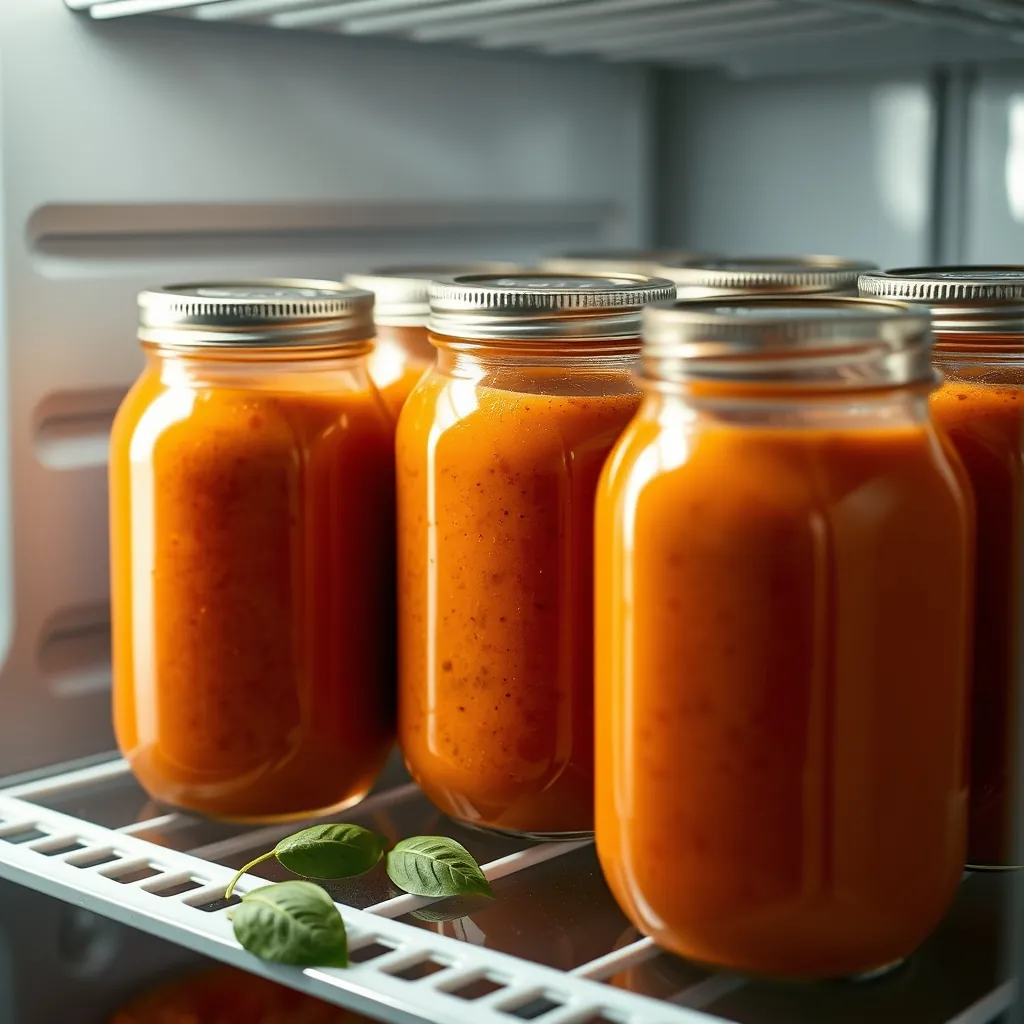 Glass jars filled with creamy tomato basil soup, stored in a refrigerator, with labels and dates on the lids Glass jars filled