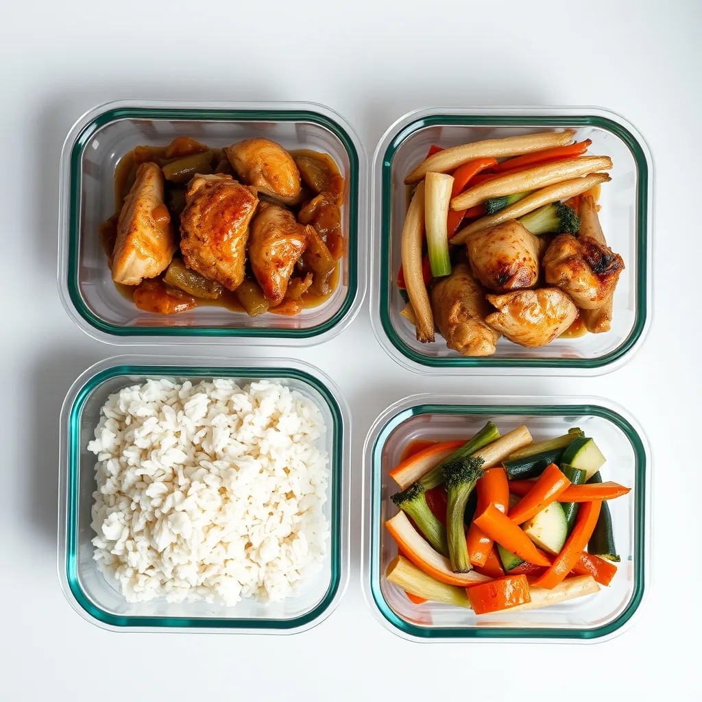 Glass meal prep containers with chicken teriyaki, steamed rice, and vegetables separated into compartments Glass meal prep
