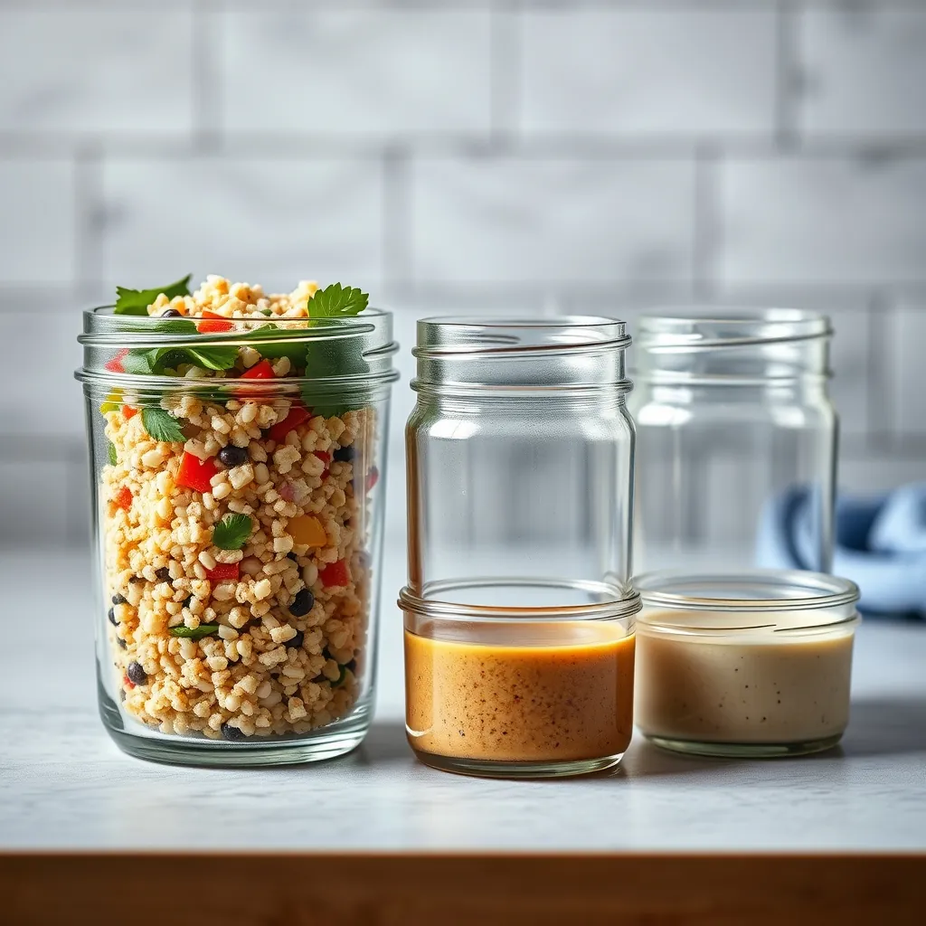 Glass meal prep containers with quinoa salad and dressing in small separate jars Glass meal prep