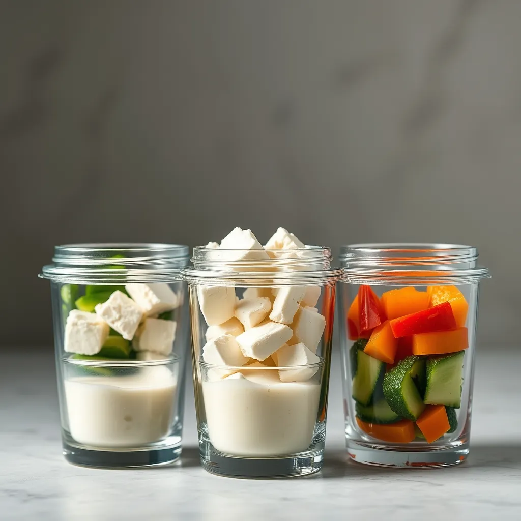 Three glass meal prep containers with chopped vegetables separated from feta cheese and dressing in small containers Glass meal prep
