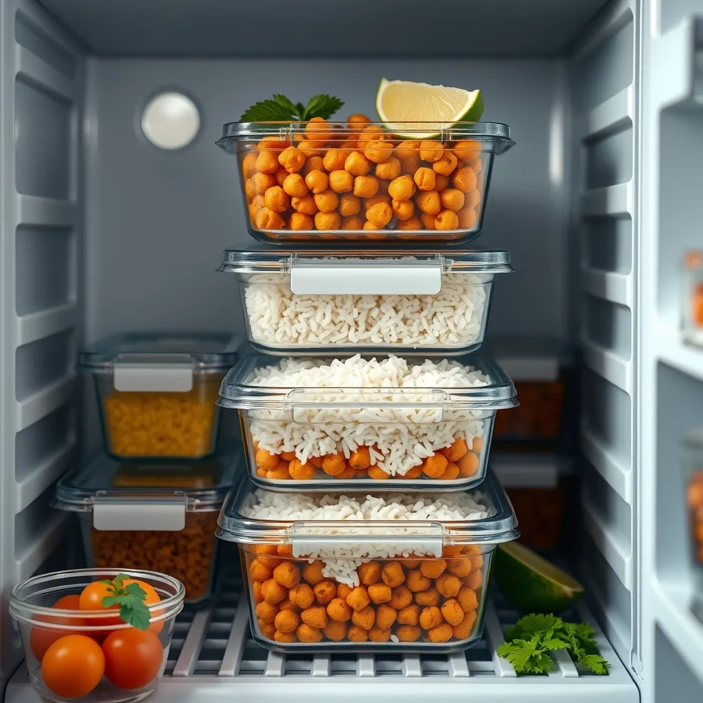 Glass meal prep containers filled with chickpea tikka masala, basmati rice, and a lime wedge, stacked neatly in a refrigerator Glass meal prep
