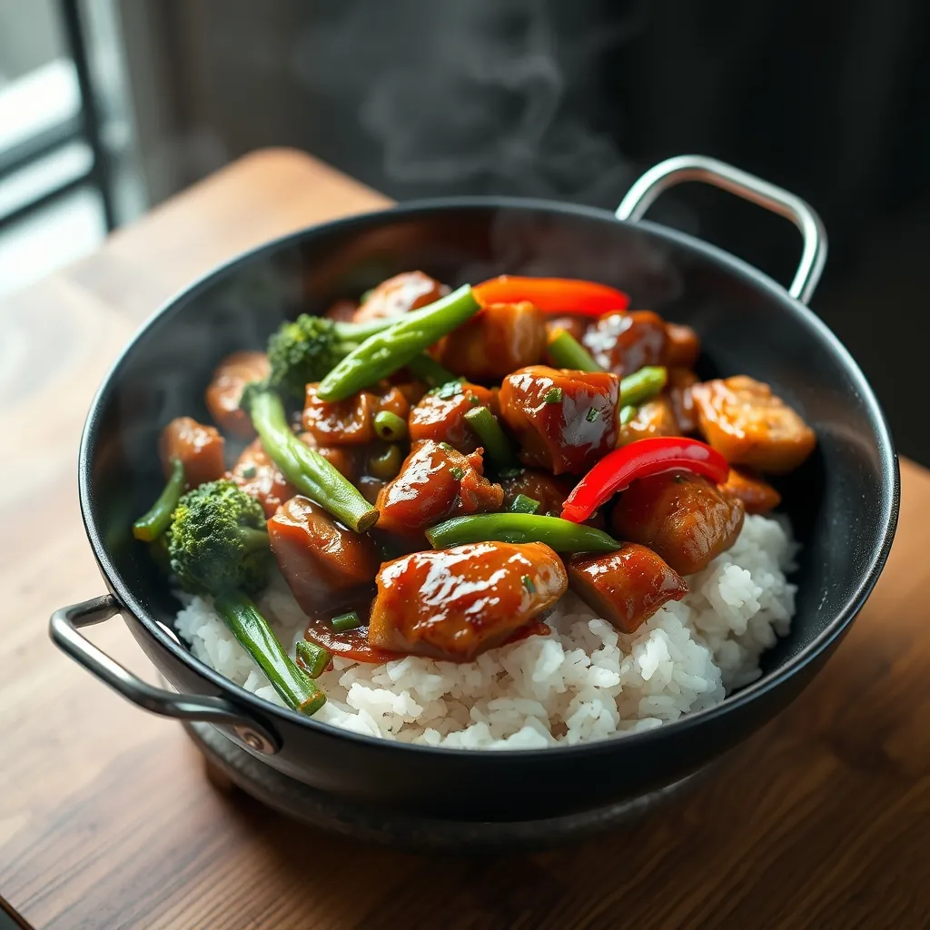 Glazed chicken teriyaki stir fry in a wok with broccoli, bell peppers, and snap peas over steamed jasmine rice Glazed chicken teriyaki