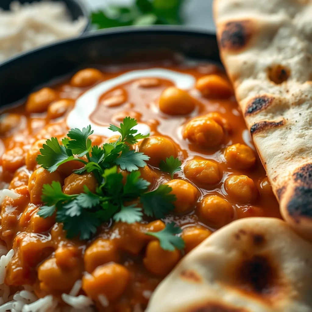 Close-up of a glossy, deep orange chickpea tikka masala in a cast iron skillet, garnished with fresh cilantro and a swirl of coconut cream, served with a side of fluffy basmati rice and a piece of charred naan bread Glossy deep orange