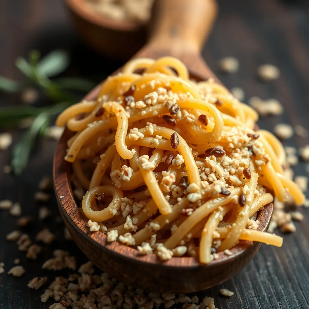 Gluten-free pasta made from brown rice and quinoa in a wooden scoop Glutenfree pasta made