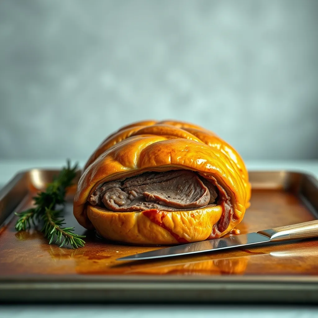 Golden brown Beef Wellington on a baking sheet with decorative knife scores and a glossy egg wash finish Golden brown beef