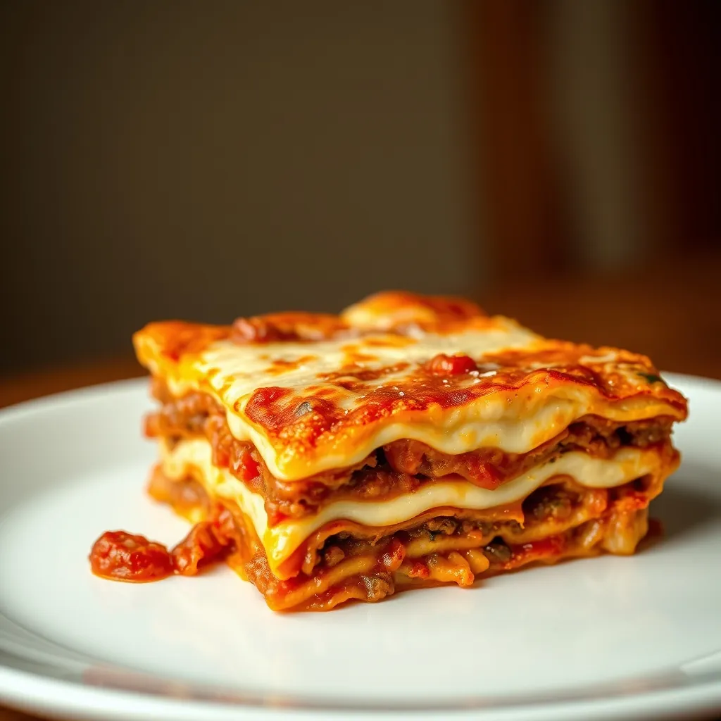 Golden brown classic Italian lasagna slice served on a white plate, showing distinct layers of meat sauce, béchamel, and melted cheese Golden brown classic