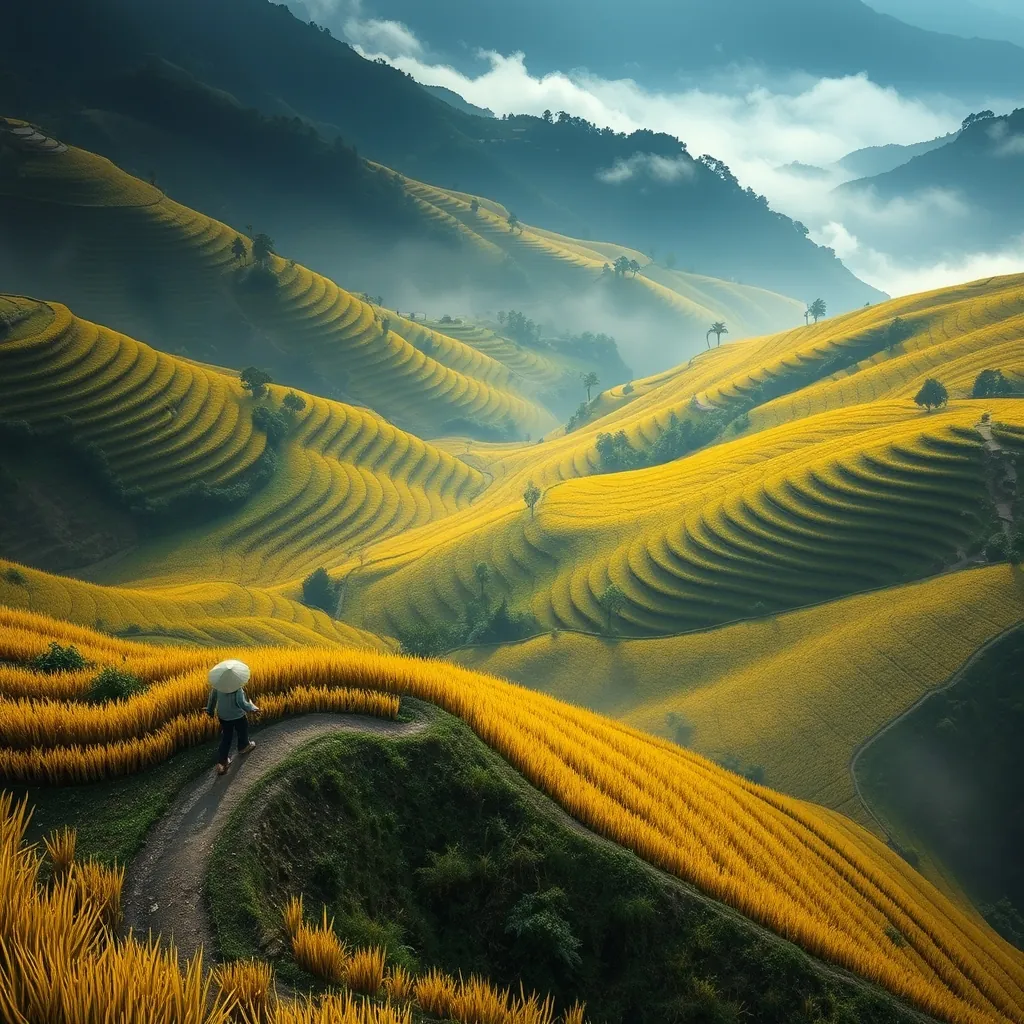 Golden rice terraces cascading down steep mountain slopes in Mu Cang Chai, farmers in conical hats working the paddies at harvest time, morning mist rolling through the valleys below Golden rice terraces