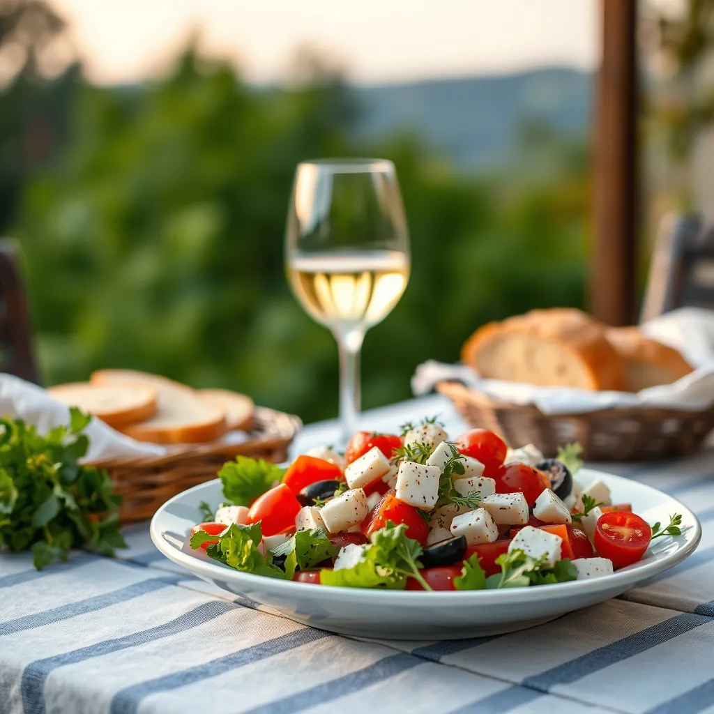 Greek salad on a table outdoors with a glass of white wine and bread in the background Greek salad table