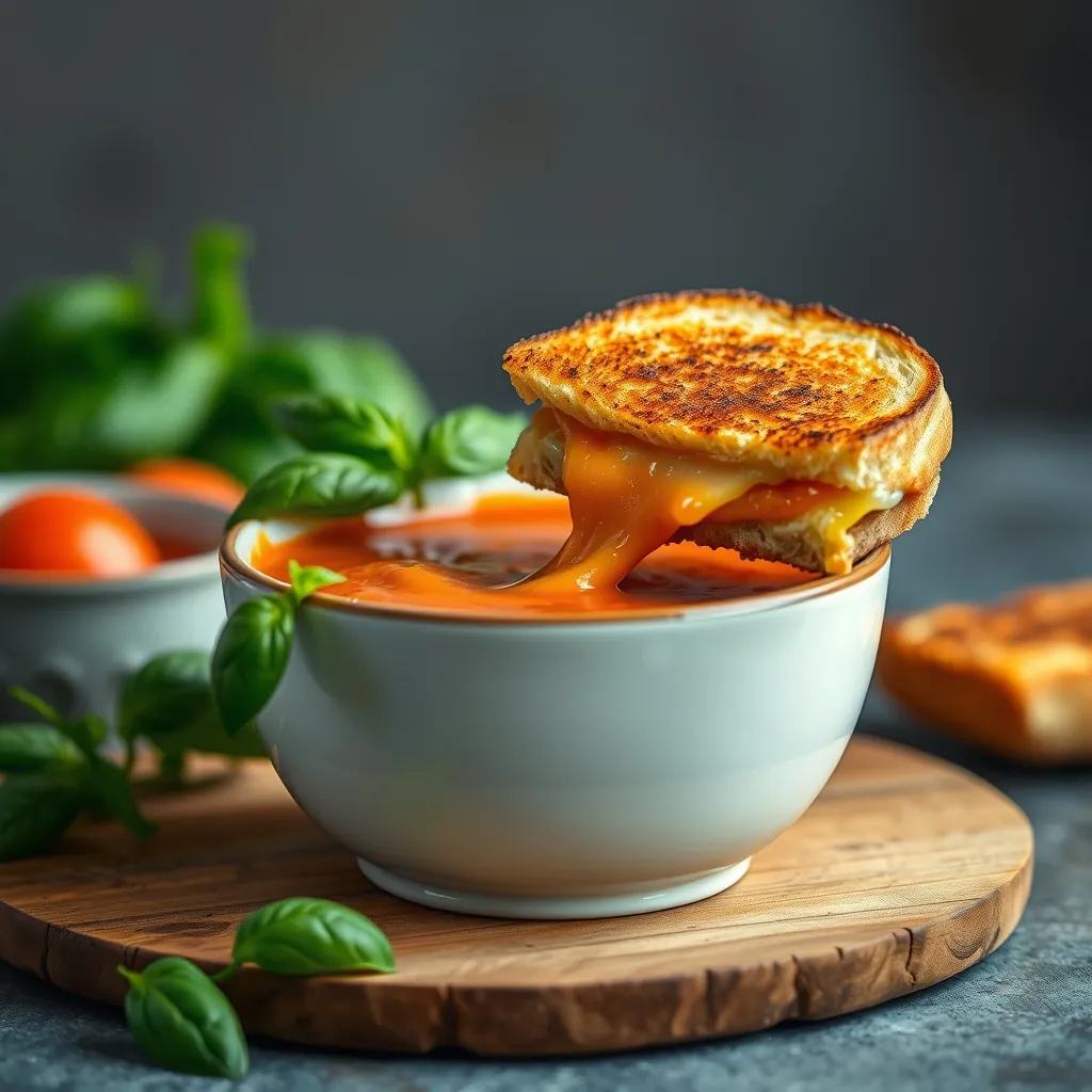 Grilled cheese sandwich cut in half, dipping into a bowl of creamy tomato basil soup Grilled cheese sandwich