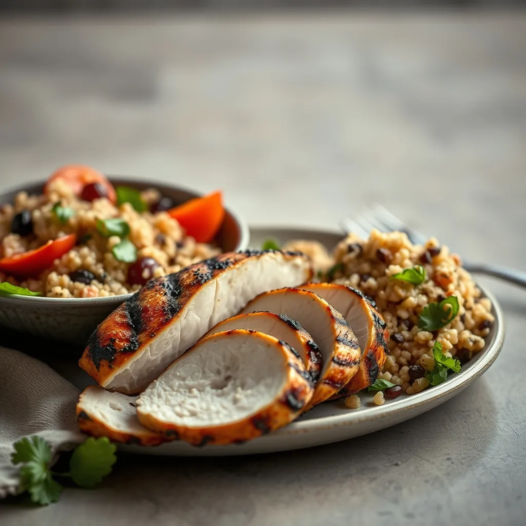 Grilled chicken breast sliced next to a bowl of quinoa salad Grilled chicken breast