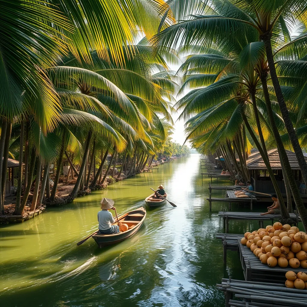 Dense coconut palm groves lining the narrow green waters of a Mekong Delta river, a wooden sampan boat with a conical hat wearing rower gliding through the calm water, thatched roof stilt houses on the riverbank, piles of fresh coconuts stacked on a wooden dock, women weaving coconut leaves into handicrafts under the shade of tall palm trees, warm golden sunlight filtering through the palm fronds, the lush tropical landscape stretching flat toward the horizon Groves lining narrow