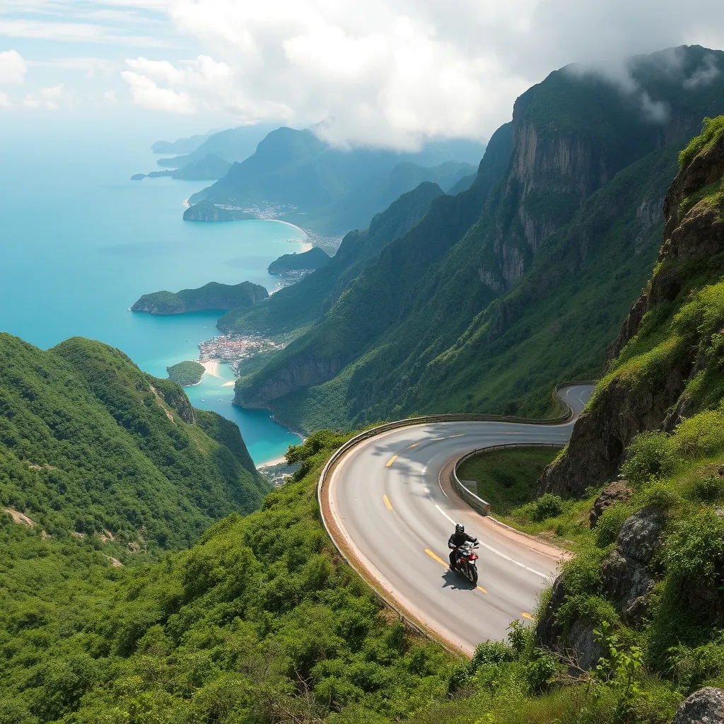 Curving mountain road along the Hai Van Pass in central Vietnam, dramatic cliffs dropping down to the turquoise South China Sea below, a motorbike rider navigating the sweeping bends, lush green vegetation covering the steep slopes, clouds drifting across the mountain peaks, the coastline stretching far into the distance with a small fishing village visible in the bay, the road winding like a ribbon between the mountains and the ocean Hai van pass