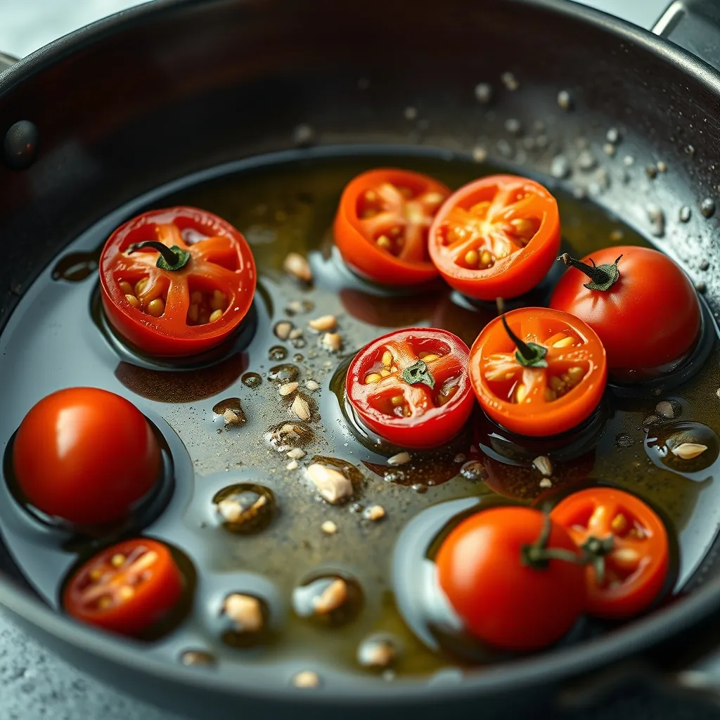 Halved cherry tomatoes sizzling in a pan with olive oil and garlic Halved cherry tomatoes