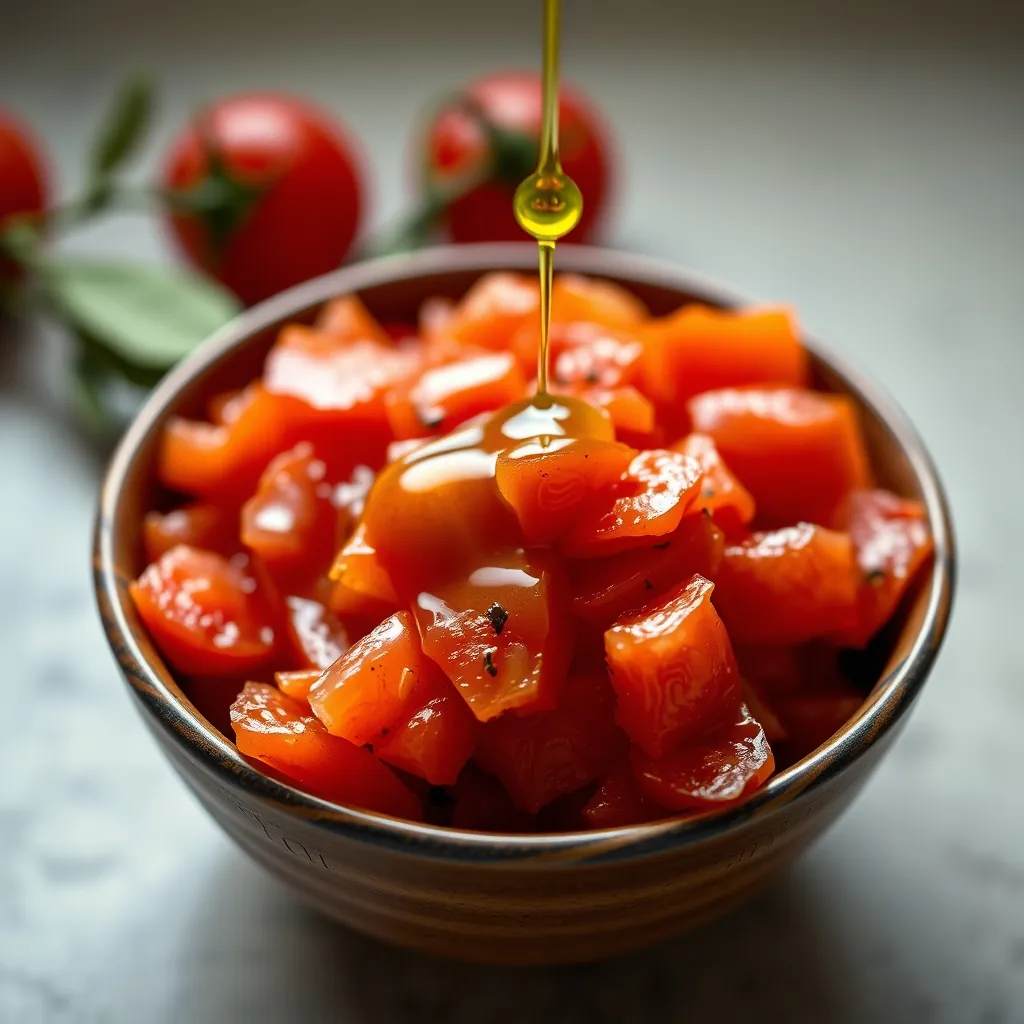 Close-up of hand-crushed San Marzano tomatoes in a small bowl, with a drizzle of green olive oil on top Handcrushed san marzano