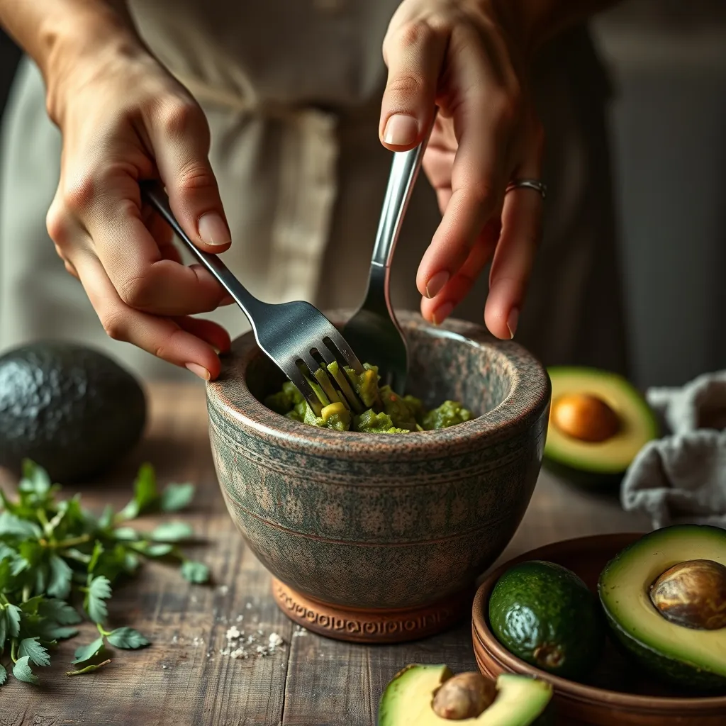 Hands mashing avocados with a fork in a ceramic molcajete, rustic texture visible Hands mashing avocados