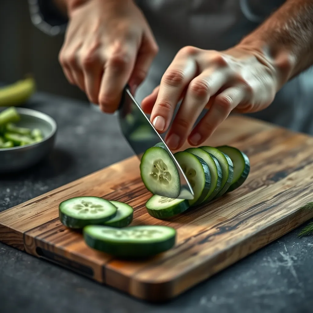 Hands slicing a cucumber into half moons on a cutting board with a chef's knife Hands slicing cucumber