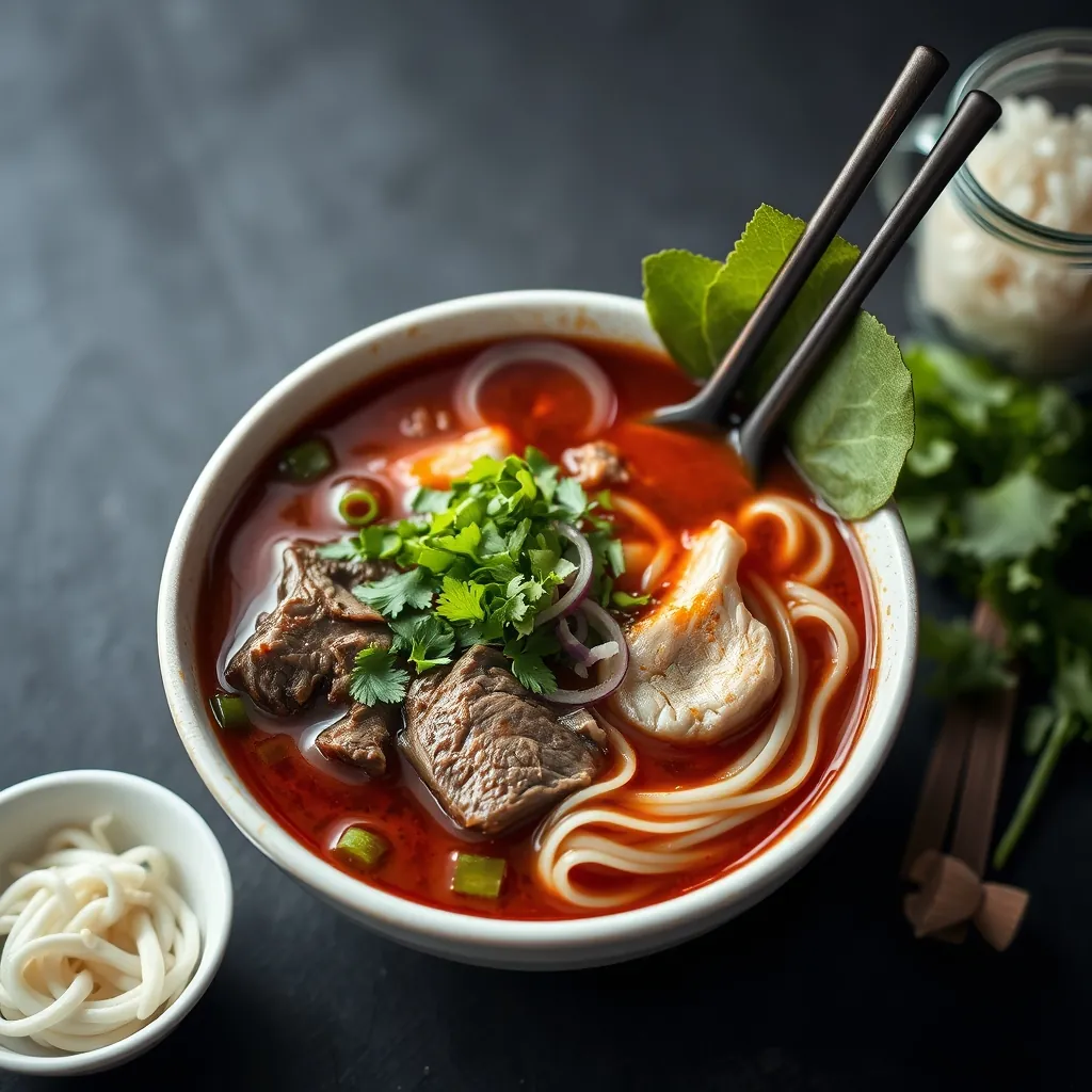 Bowl of bun bo Hue noodle soup with thick rice noodles, sliced beef shank, pork hock, and dark red broth, garnished with green onion, cilantro, and purple onion slices, served with a side of fresh herbs and bean sprouts Herbs bean sprouts