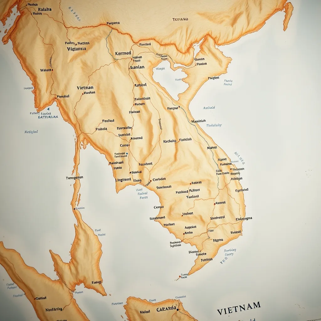 Detailed illustrated map of Vietnam showing the winding coastline from north to south, with major cities marked and dotted lines indicating scenic routes and cruise paths Illustrated map vietnam