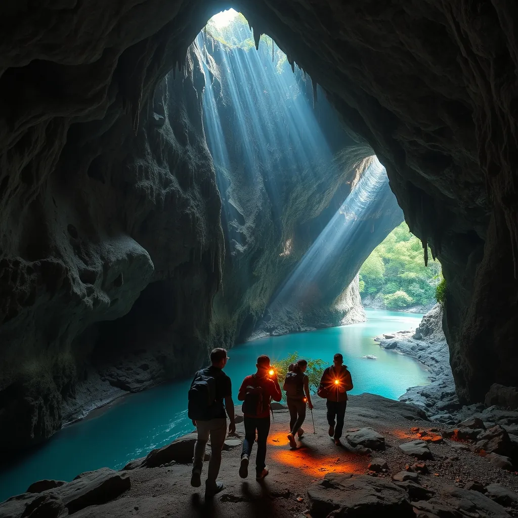 Adventurous explorers with headlamps walking through a vast underground cave chamber in Quang Binh province, dramatic limestone formations and stalactites towering overhead, a turquoise underground river winding through the cavern floor, shafts of natural light piercing down from openings in the cave ceiling, lush jungle visible through a massive cave entrance, sense of scale emphasizing the immense size of the passage Immense size passage