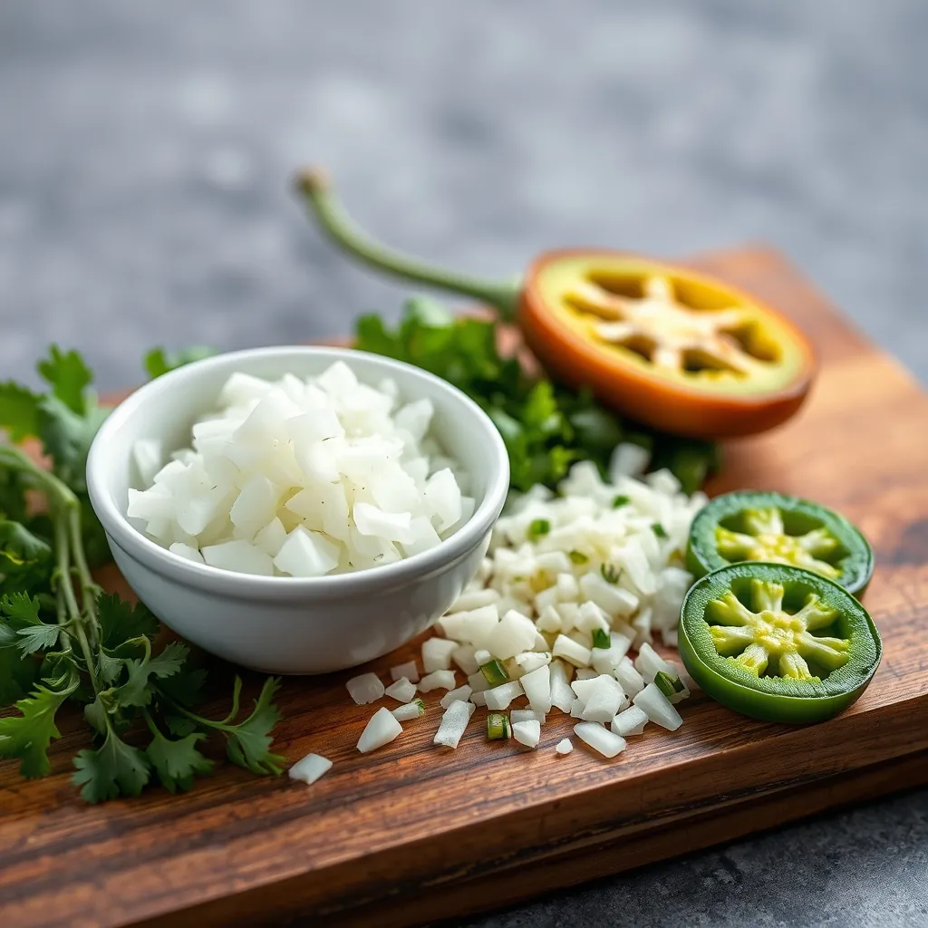 Small white bowl of finely diced white onion next to a pile of chopped cilantro and a sliced jalapeño on a wooden board Jalapeo wooden board