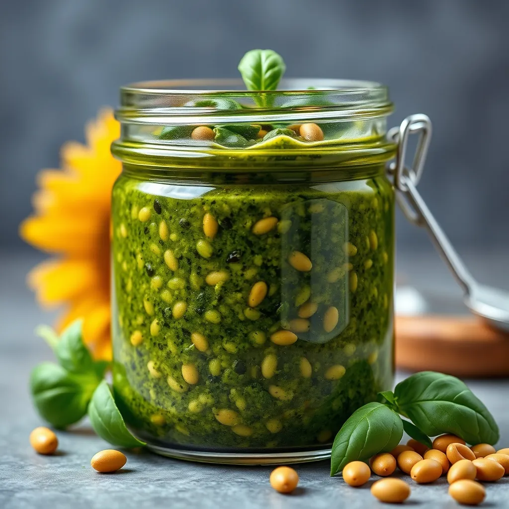 Jar of homemade nut-free vegan pesto with basil and sunflower seeds Jar homemade nutfree
