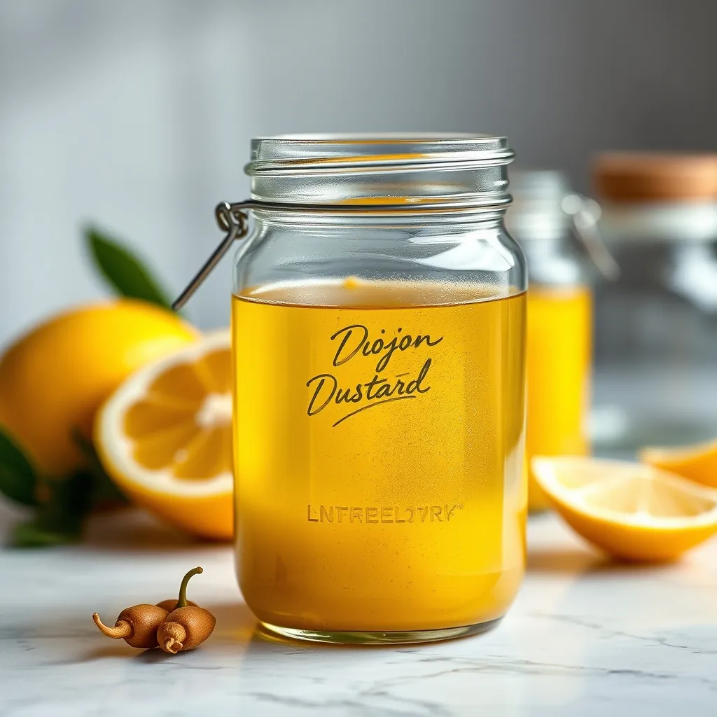 Glass jar with lemon dressing ingredients including olive oil, lemon juice, and Dijon mustard Juice dijon mustard