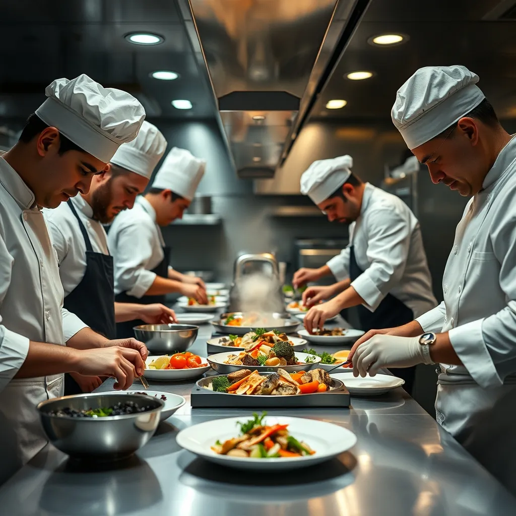 Kitchen brigade system with multiple chefs preparing ingredients for a complex dish, each chef working on a separate component before combining them into a final plate Kitchen brigade system