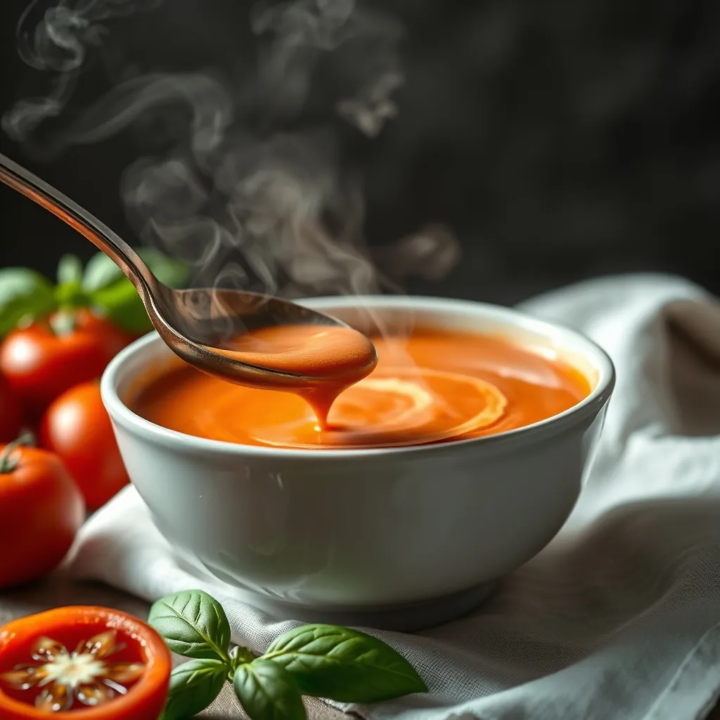 Ladle pouring creamy tomato basil soup into a ceramic bowl, with steam rising Ladle pouring creamy