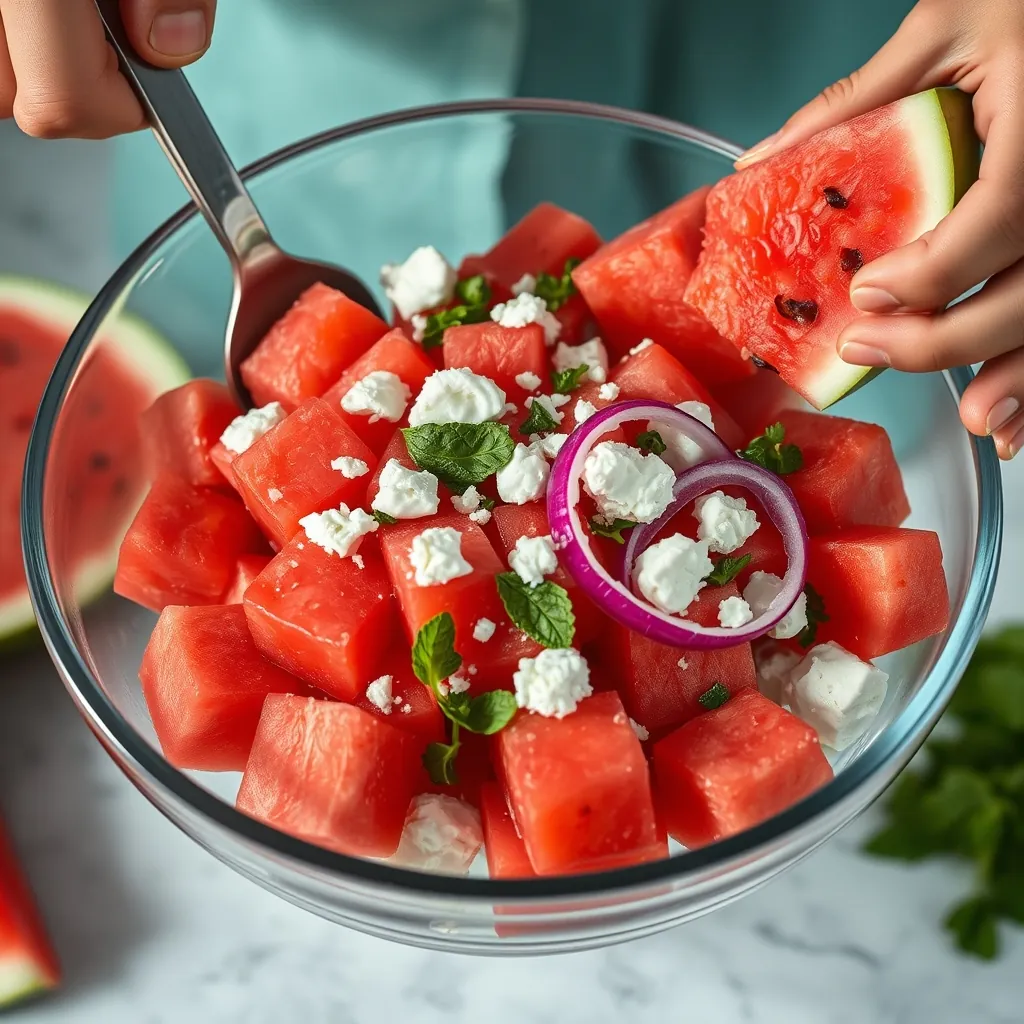 Cubed watermelon being tossed with feta, mint, and red onion in a large mixing bowl Large mixing bowl