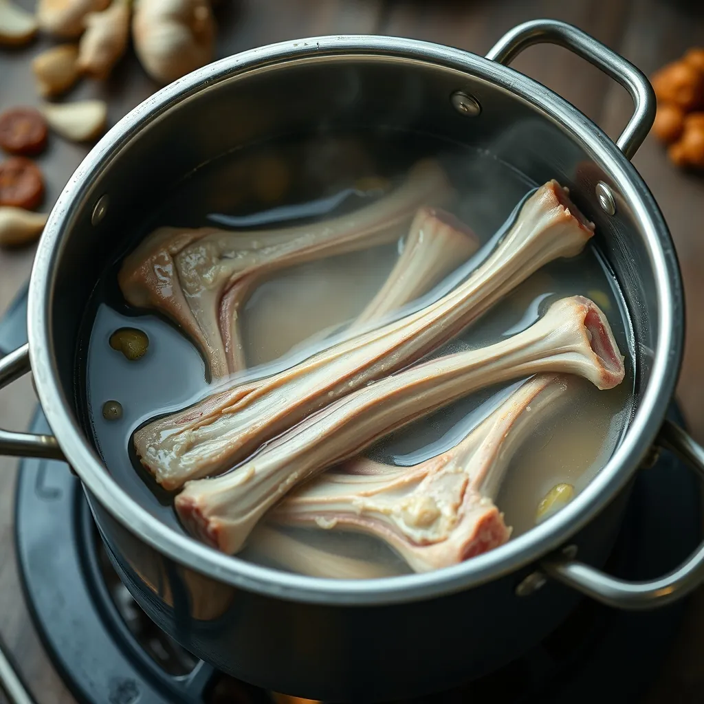 Large stockpot with pork bones simmering in water with aromatics like garlic and ginger Large stockpot pork