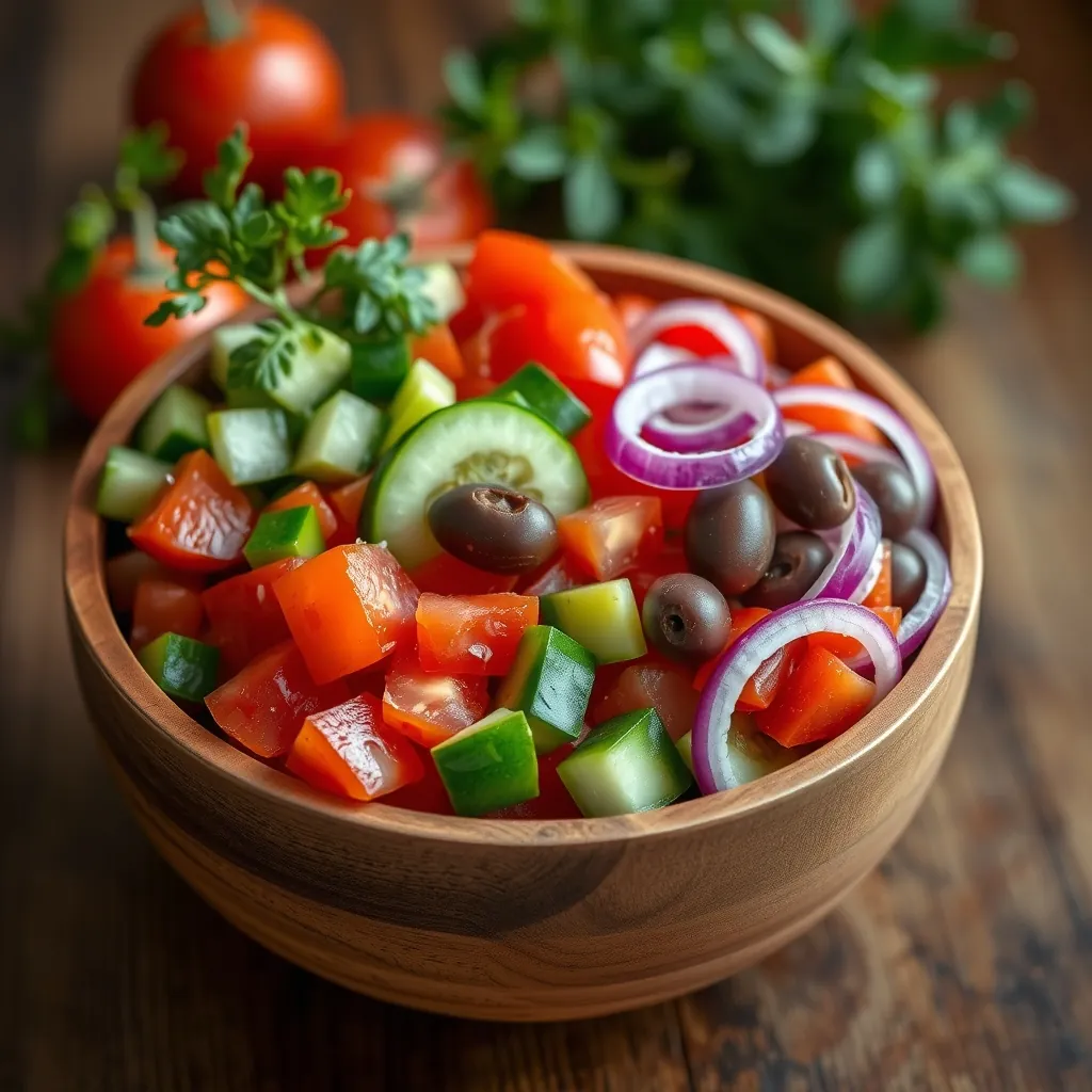 Large wooden bowl filled with chopped tomatoes, cucumber half moons, red onion rings, and Kalamata olives ready for dressing Large wooden bowl