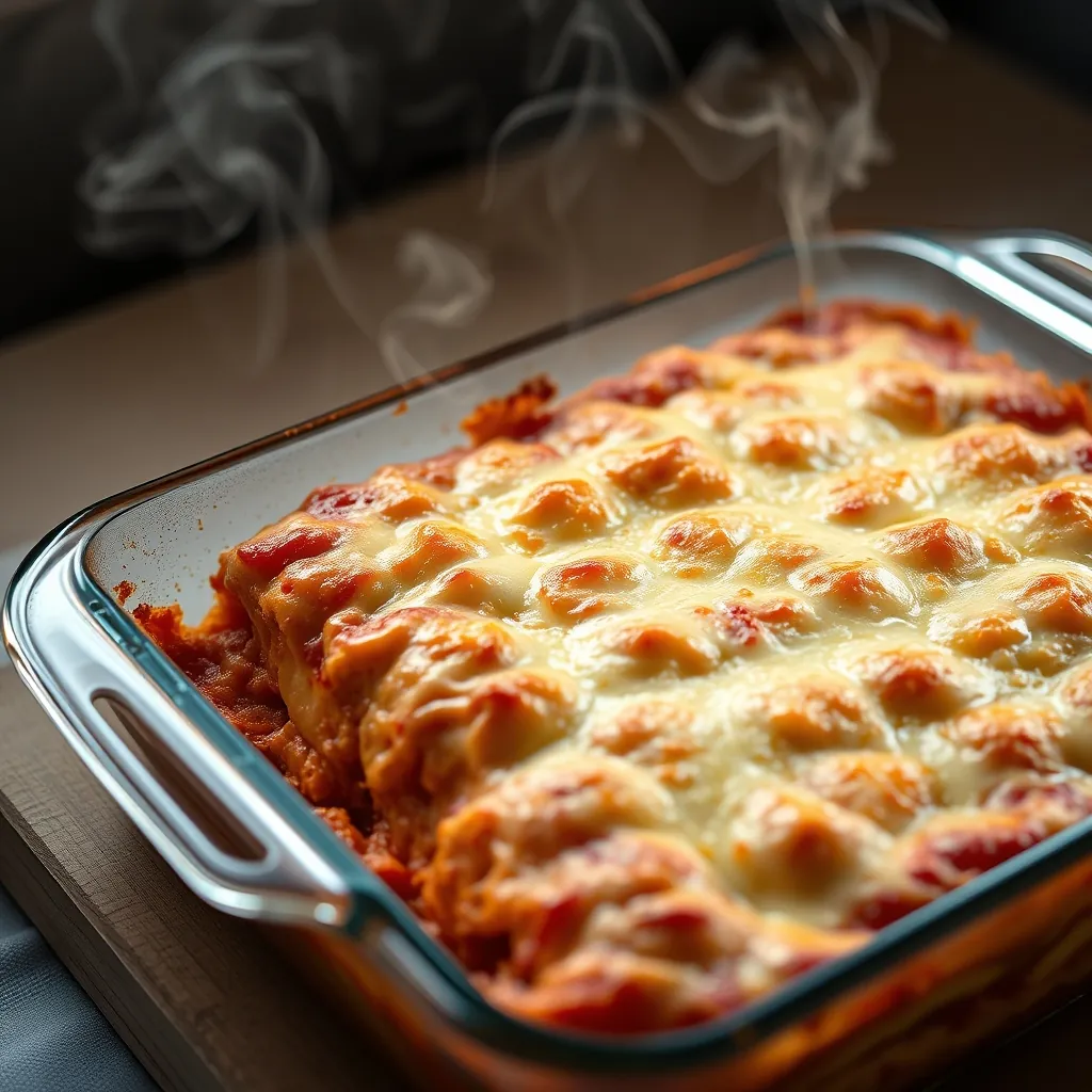 Lasagna baking in a glass dish, golden bubbly cheese on top, with steam rising, taken from an overhead angle Lasagna baking glass