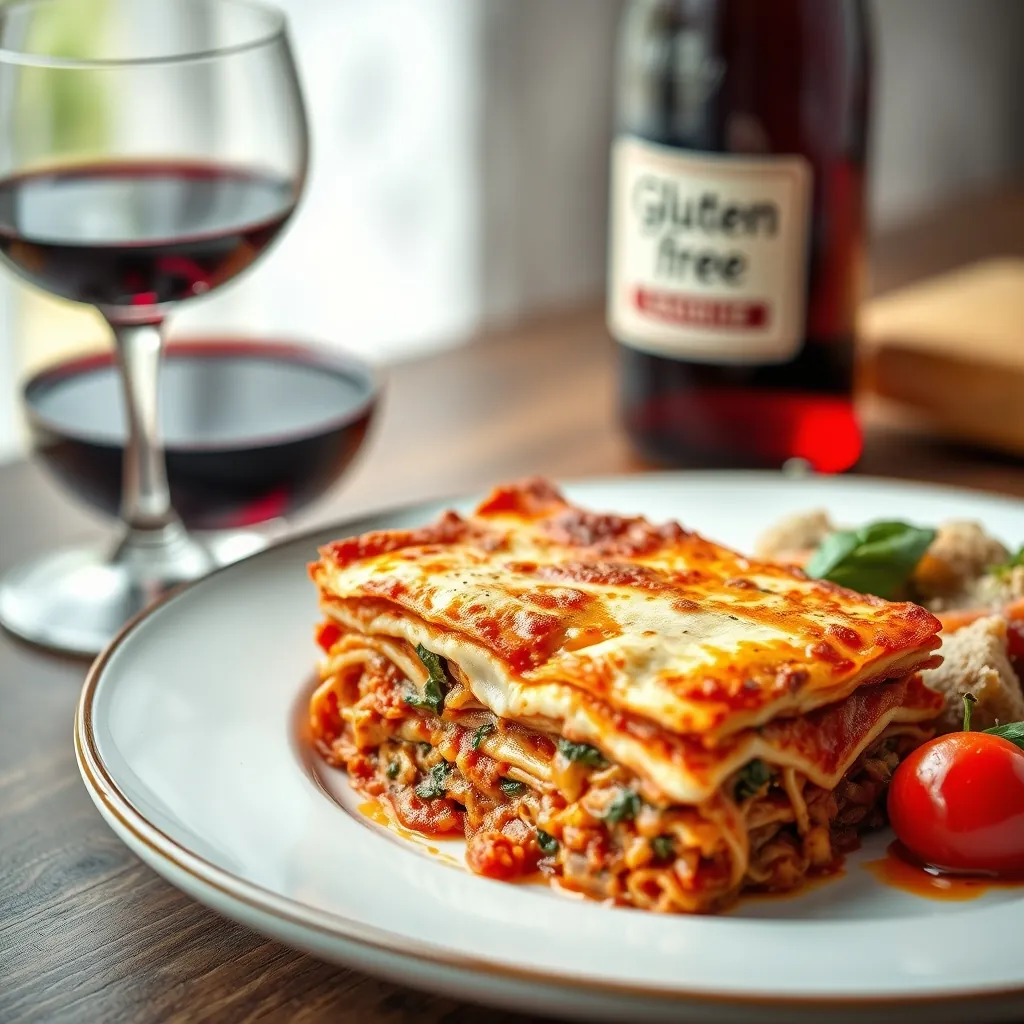 Gluten-free lasagna slice on a plate, next to a glass of red wine, with a clear label reading gluten-free Lasagna slice plate