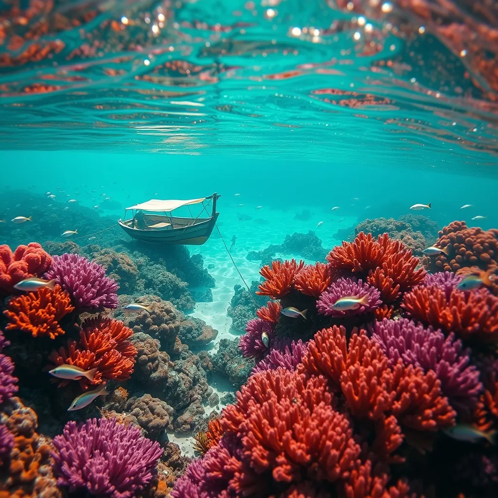 Underwater coral garden teeming with tropical fish near Cu Lao Cham island, vibrant purple and orange coral formations stretching across the seabed, schools of silver fish darting between the reef, turquoise water visibility revealing the ocean floor, a small traditional wooden boat anchored above the dive site, the green forested island rising in the background, sunlight filtering through the clear water creating dancing light patterns on the sand Light patterns sand