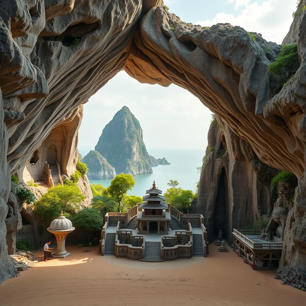 Cluster of five marble and limestone hills rising from flat sandy ground near Da Nang, Vietnam, with water mountain featuring a tall pagoda visible on its summit, carved stone staircases leading through natural caves with Buddhist altars and statues inside, sunlight streaming through openings in cave ceilings, marble carving workshops at the base with artisans shaping stone sculptures, the East Sea visible in the background, lush green trees clinging to the rocky hillsides, the spiritual and geological significance of the five elements represented across the landscape Limestone hills rising