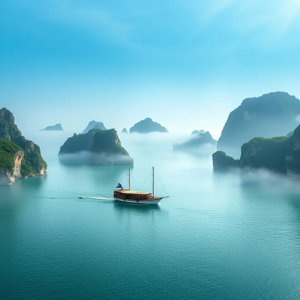 Panoramic view of Ha Long Bay with limestone karst islands rising from emerald green water and a traditional junk boat sailing through the mist Long bay limestone