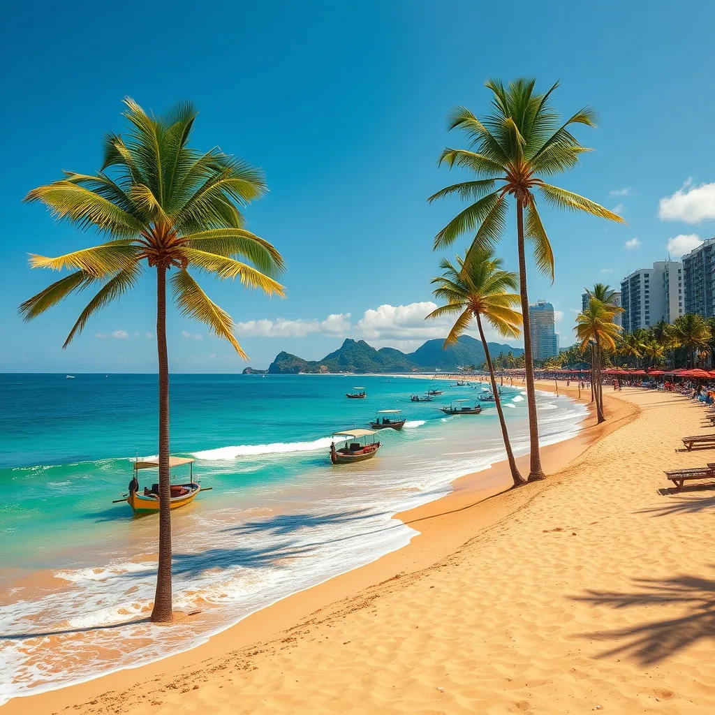 Long curved stretch of golden sand beach in Nha Trang lined with tall palm trees, gentle waves rolling onto the shore, colorful traditional wooden fishing boats floating on the turquoise water, distant green islands visible on the horizon, modern beachfront hotels and resorts rising behind the promenade, bright tropical sunlight with a few scattered clouds, lively yet relaxed coastal resort atmosphere Long curved stretch