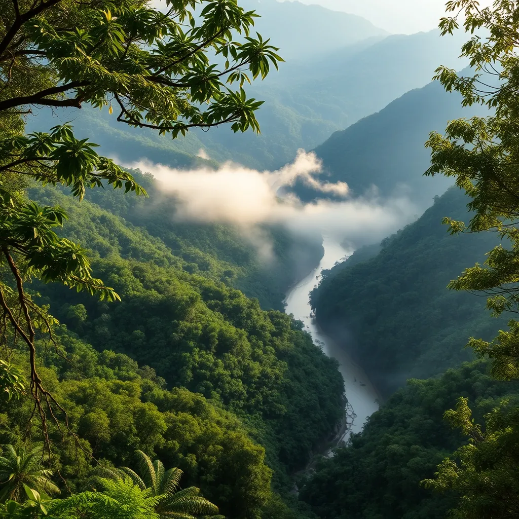 Lush tropical rainforest canopy of Dakrong Nature Reserve in Quang Tri province, mist rising from the dense green vegetation of the Truong Son mountain range, the Dakrong River winding through steep valleys below, rare wildlife habitats hidden beneath the forest layers, morning fog catching golden sunlight over the treetops, pristine wilderness stretching to the horizon Lush tropical rainforest