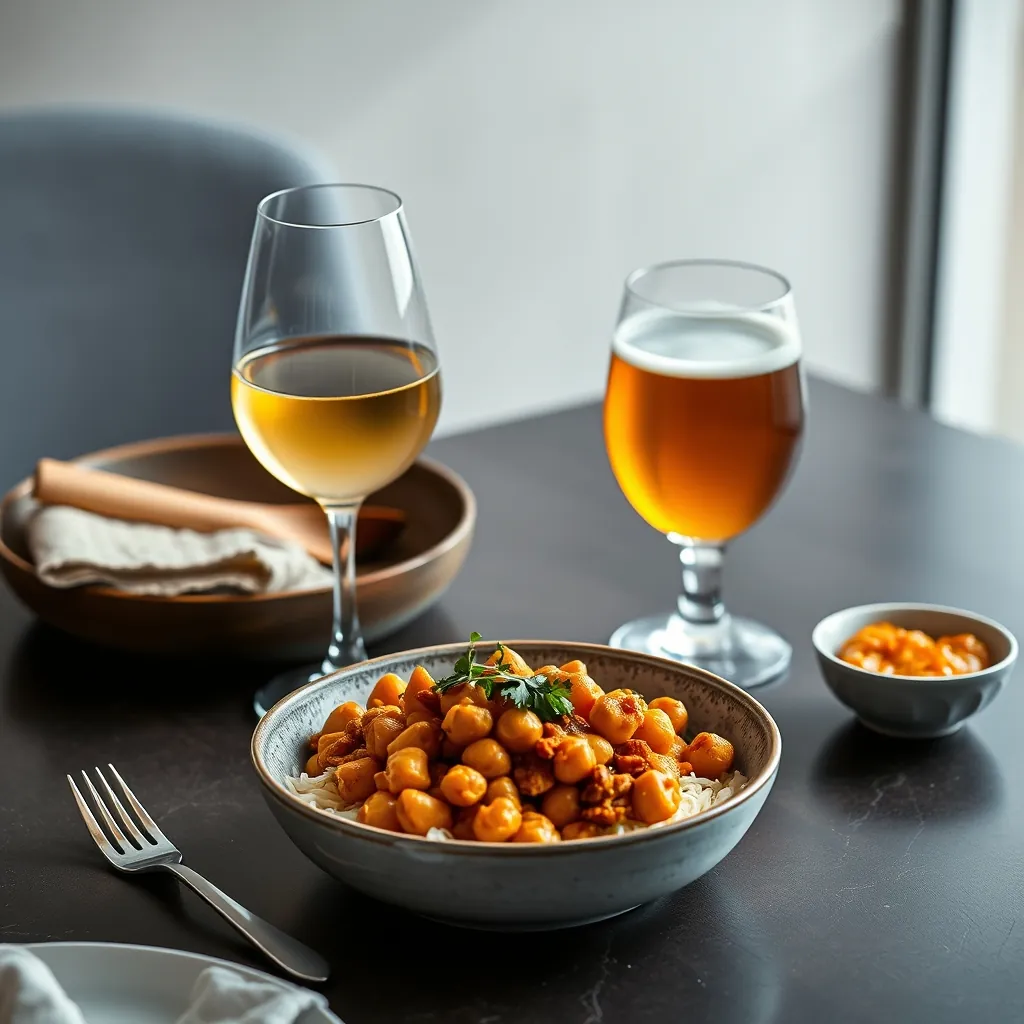 A table setting with a bowl of chickpea tikka masala, a glass of off-dry Riesling, and a pint of IPA beer, with a small bowl of mango chutney on the side Mango chutney side