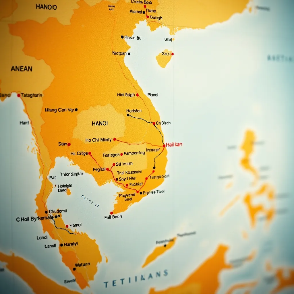 Map of Vietnam with highlighted route from Hanoi through Hoi An to Ho Chi Minh City showing major stops and travel distances Map vietnam highlighted
