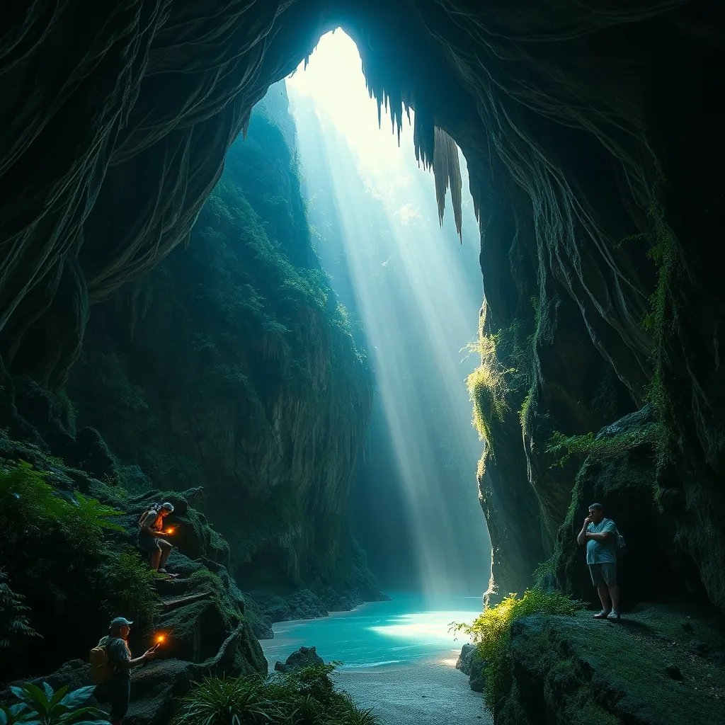 Massive limestone karst mountains rising from dense jungle canopy in Phong Nha-Ke Bang National Park, the entrance to a colossal cave with a turquoise underground river flowing out, dramatic stalactites hanging from a vast cavern ceiling, shafts of sunlight piercing through a skylight into an underground chamber, explorers with headlamps dwarfed by towering cave walls, lush tropical vegetation clinging to sheer rock faces, mist hanging over the Son River valley at dawn Massive limestone karst