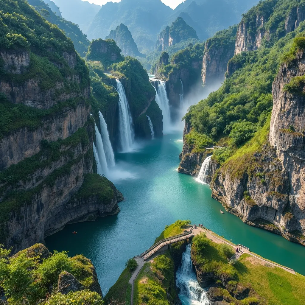 Massive multi-tiered waterfall cascading over limestone cliffs into turquoise pools, surrounded by lush green karst mountains and rice paddies, with a narrow footbridge crossing the river near the Vietnam-China border Massive multitiered waterfall