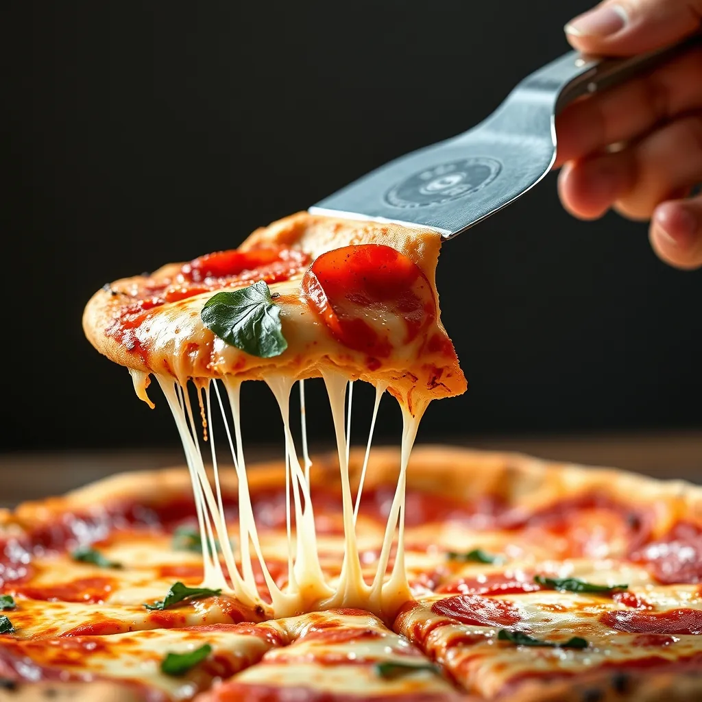 Finished Margherita pizza slice being lifted with a pizza peel, showing the crispy bottom crust and melted cheese pull Melted cheese pull