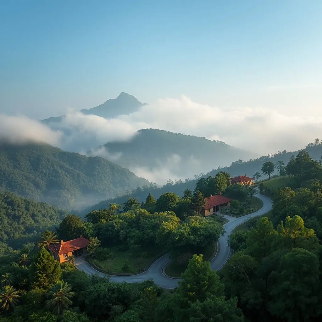 Misty mountain peaks of Tam Dao rising above a lush green valley, a winding road cutting through dense pine forest, remnants of French colonial villas with terracotta roofs nestled among the trees, cool morning fog rolling over the hillside near Hanoi Misty mountain peaks