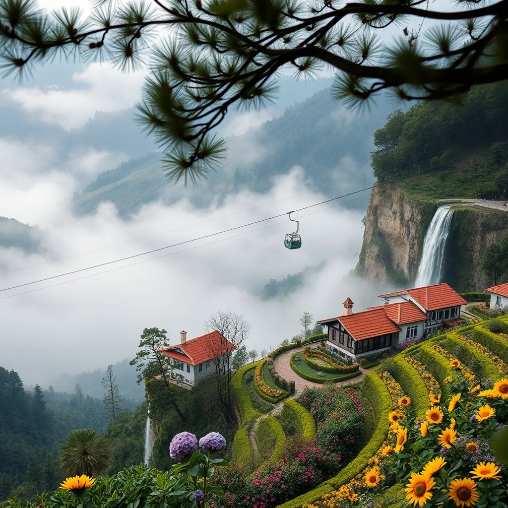 Misty pine-covered hills surrounding a tranquil lake in Da Lat, elegant French colonial villas with red tiled roofs nestled among colorful flower gardens, vibrant purple hydrangeas and yellow sunflowers blooming in neat terraced rows, a dramatic waterfall cascading down mossy cliffs into a deep valley, cable cars gliding above the green highlands toward a distant mountain peak, cool morning fog rolling through the pine forest Misty pinecovered hills
